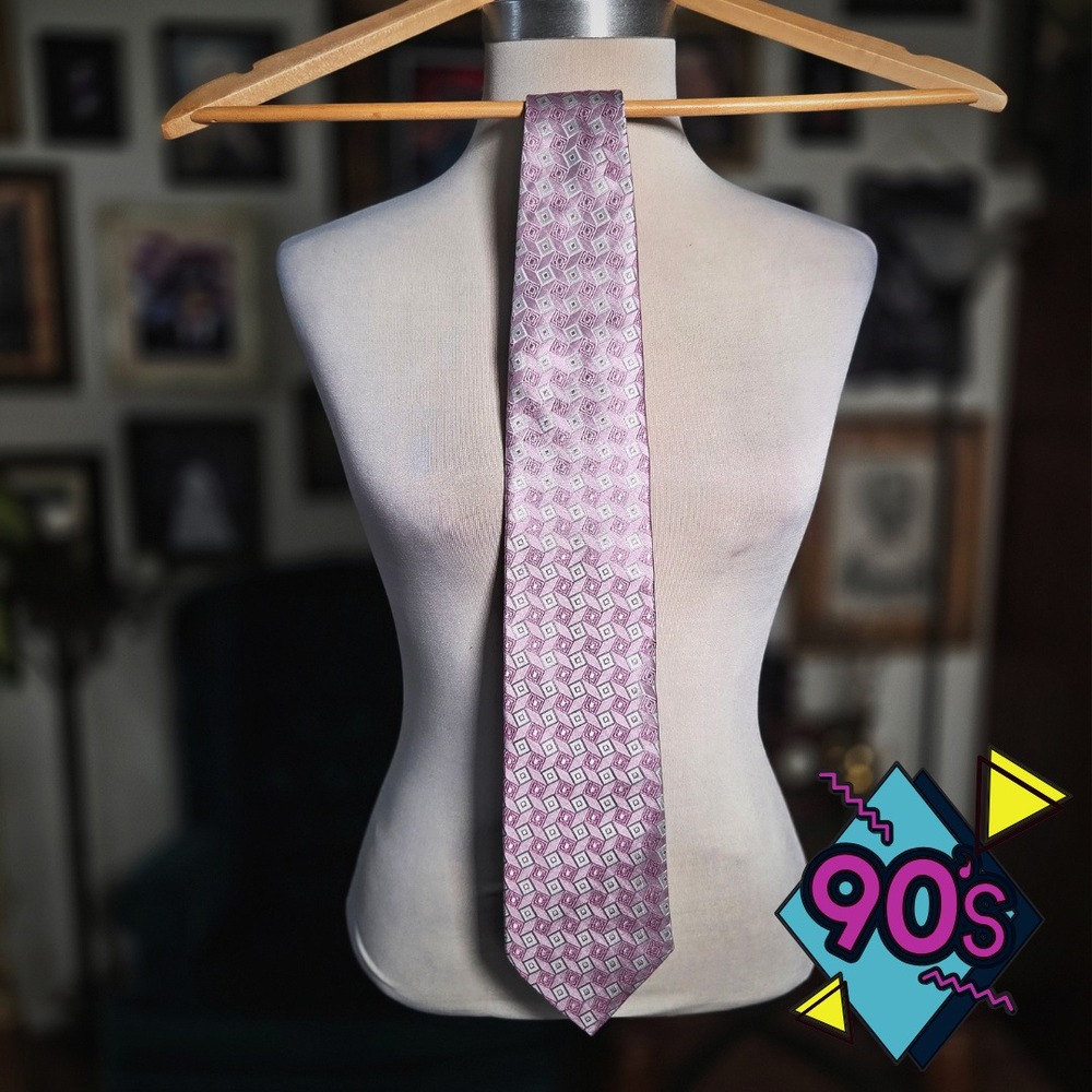 Canali Silk Tie Vintage 90s Pink Geometric Made in Italy Luxury Mens Necktie 56"